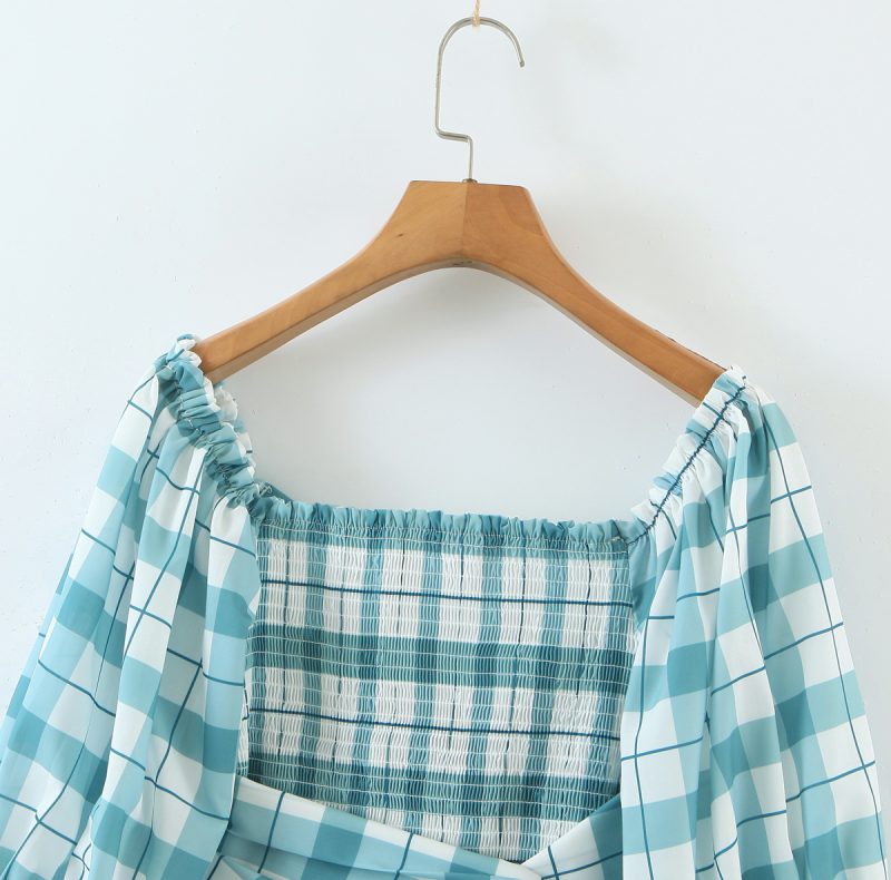 French Retro Street Short Green Plaid Elastic Bandage Shirt Top - Image 6