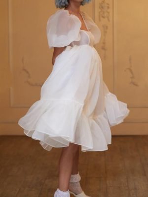 Women White Gauzy off-the-Shoulder Puff Sleeve Dress Princess Dress