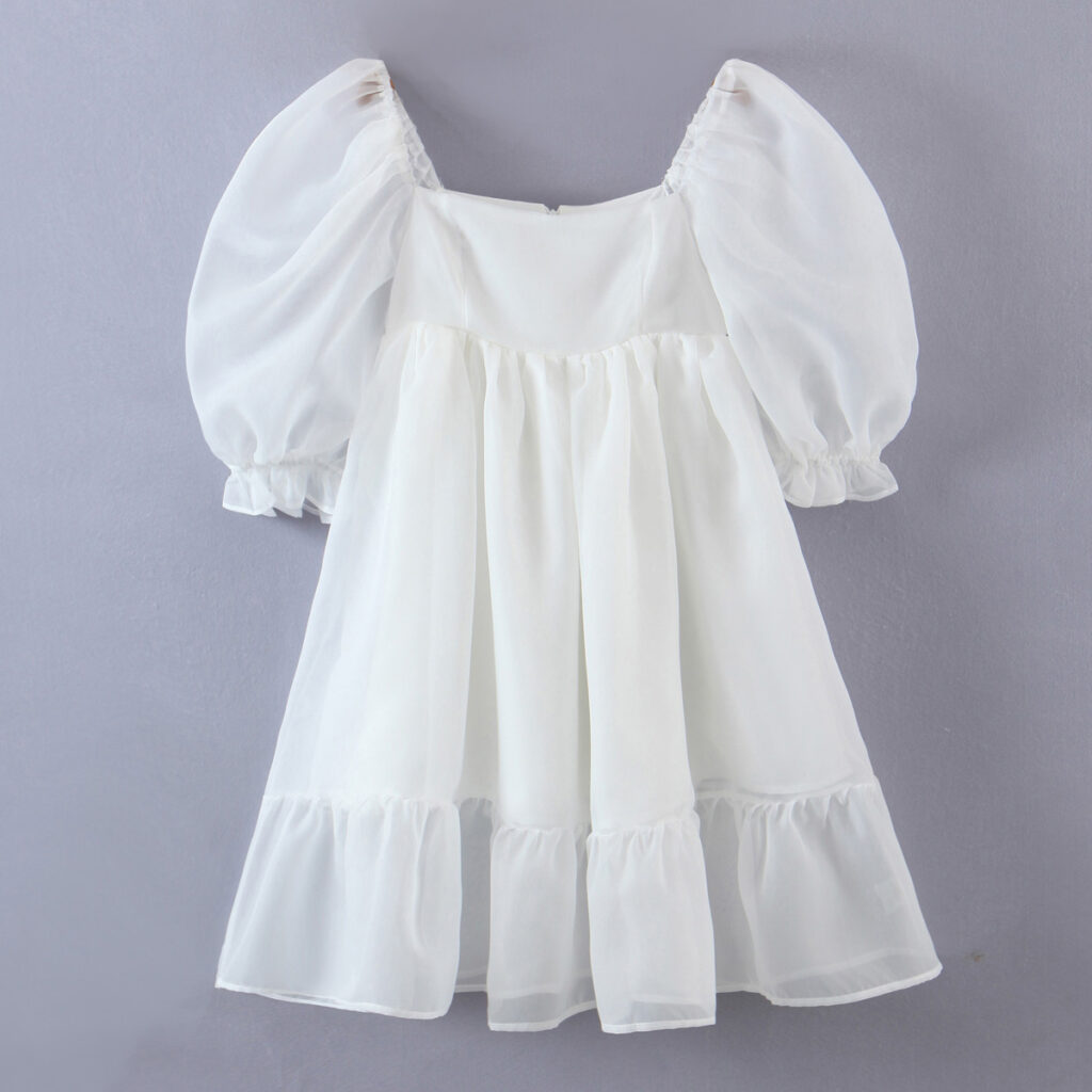 Women White Gauzy off-the-Shoulder Puff Sleeve Dress Princess Dress - Image 2