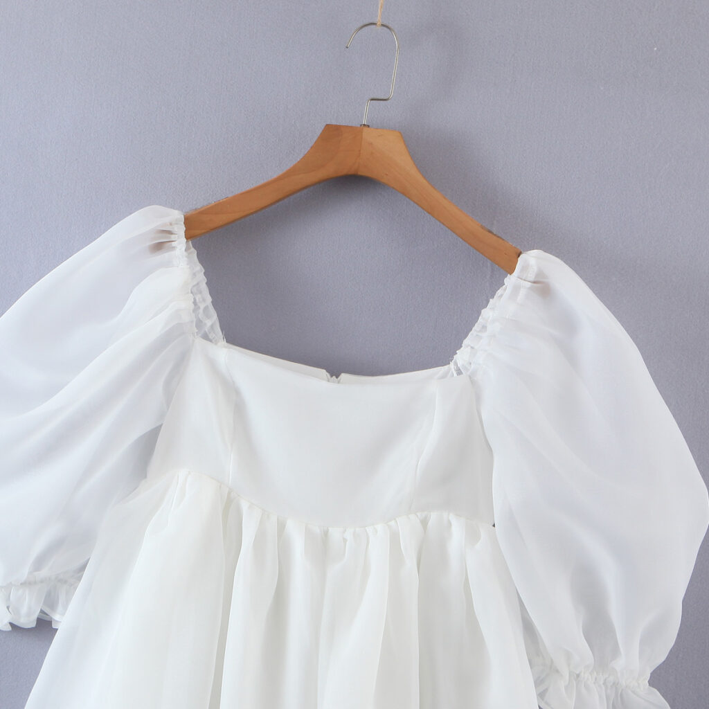 Women White Gauzy off-the-Shoulder Puff Sleeve Dress Princess Dress - Image 6
