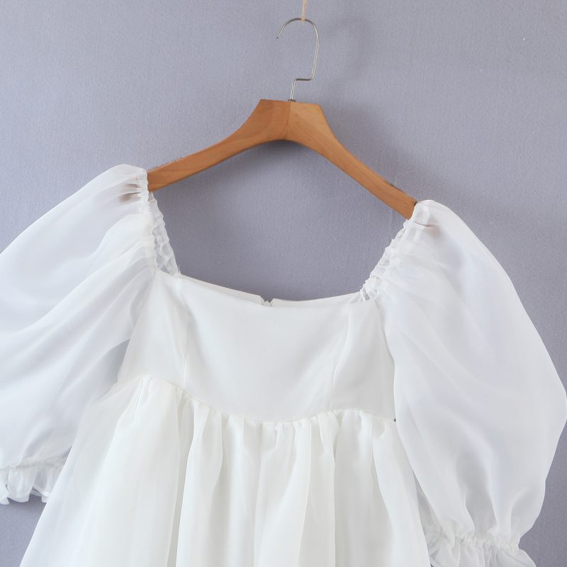 Women White Gauzy off-the-Shoulder Puff Sleeve Dress Princess Dress - Image 6