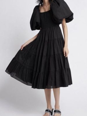 British Spring Square Collar Puff Sleeves Slim Slimming Dress