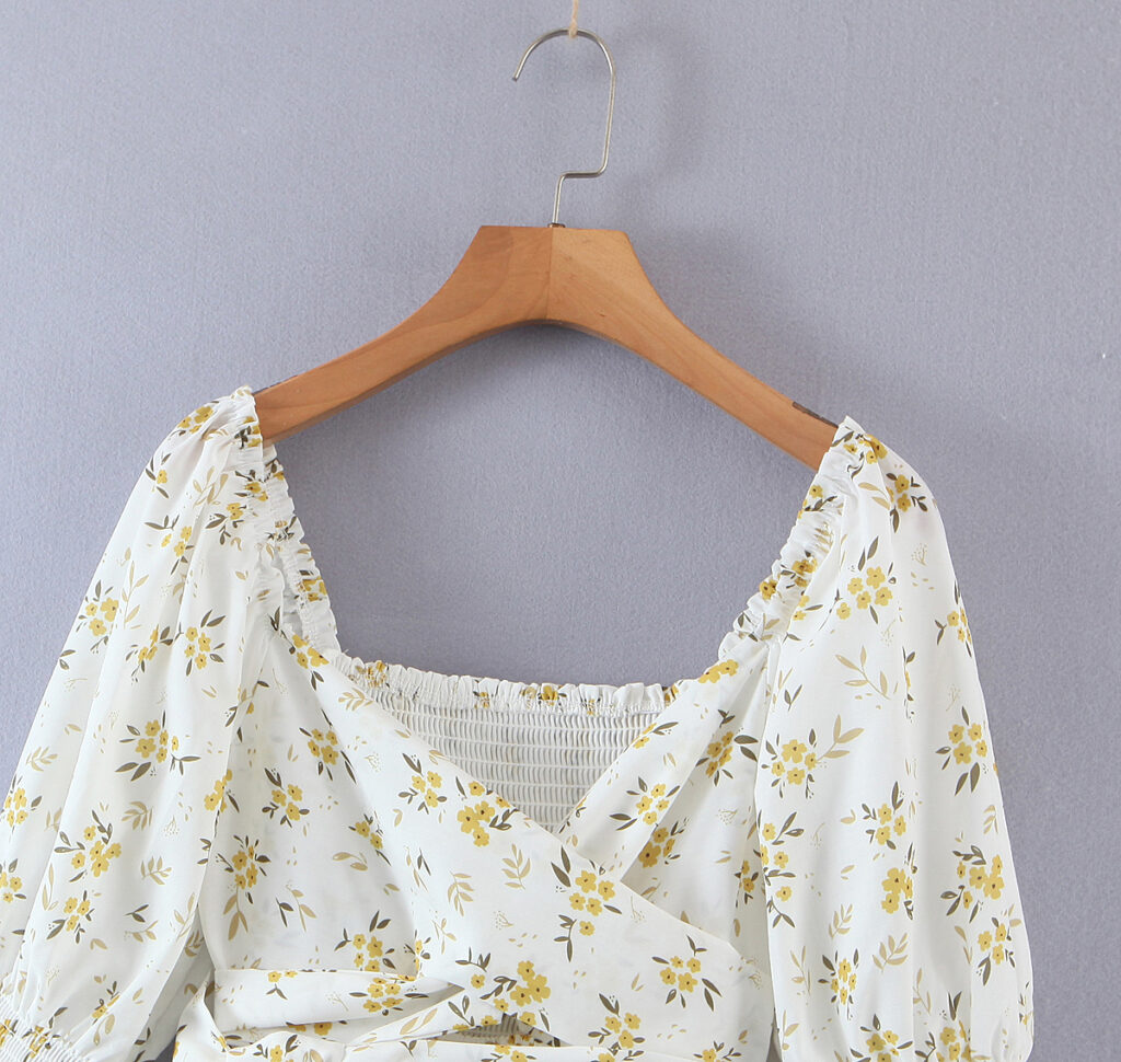 Spring Women Clothing Various Wearing Methods Floral Print Lace-up Puff Sleeve Dress - Image 2