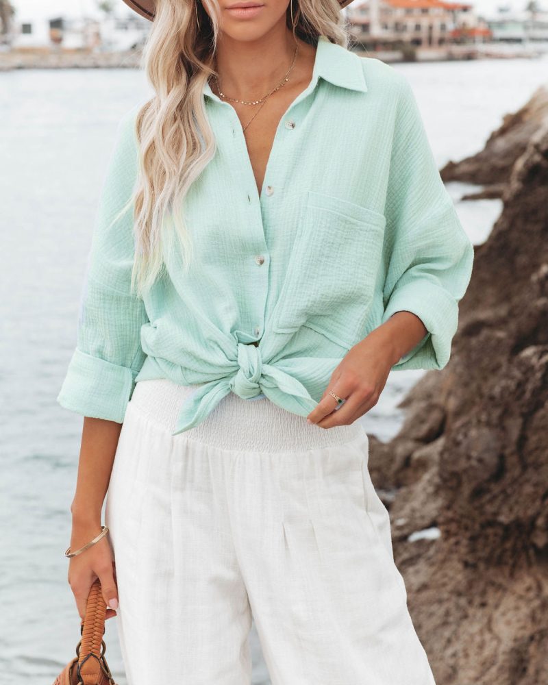 Spring Women Clothing Polo Collar Pocket Candy Color Shirt Top - Image 5