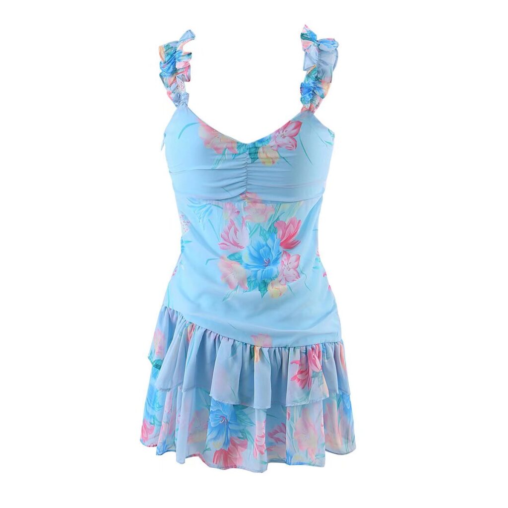 Wooden Ear Floral Print Pleated Ruffled Spaghetti Straps Dress Short  Summer Women Clothing - Image 2