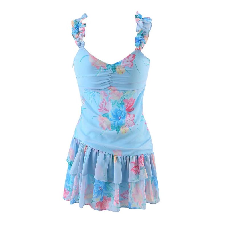 Wooden Ear Floral Print Pleated Ruffled Spaghetti Straps Dress Short  Summer Women Clothing - Image 2