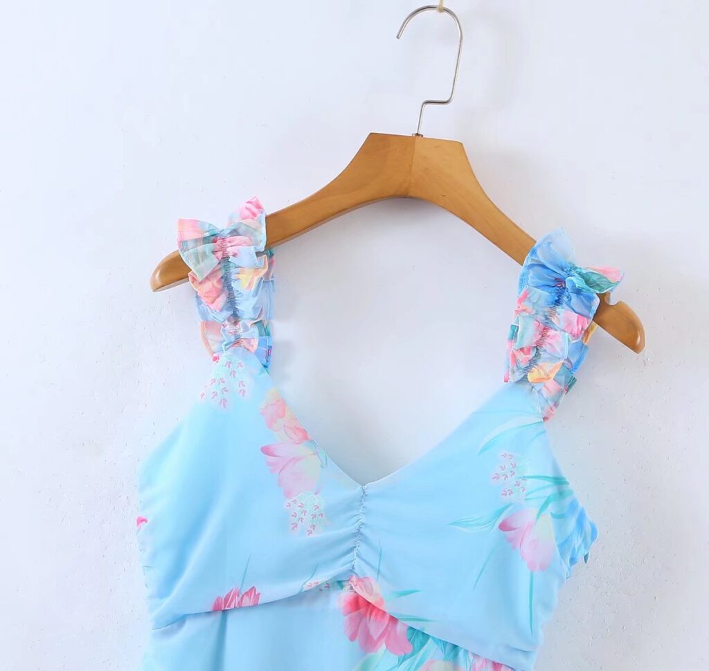 Wooden Ear Floral Print Pleated Ruffled Spaghetti Straps Dress Short  Summer Women Clothing - Image 3