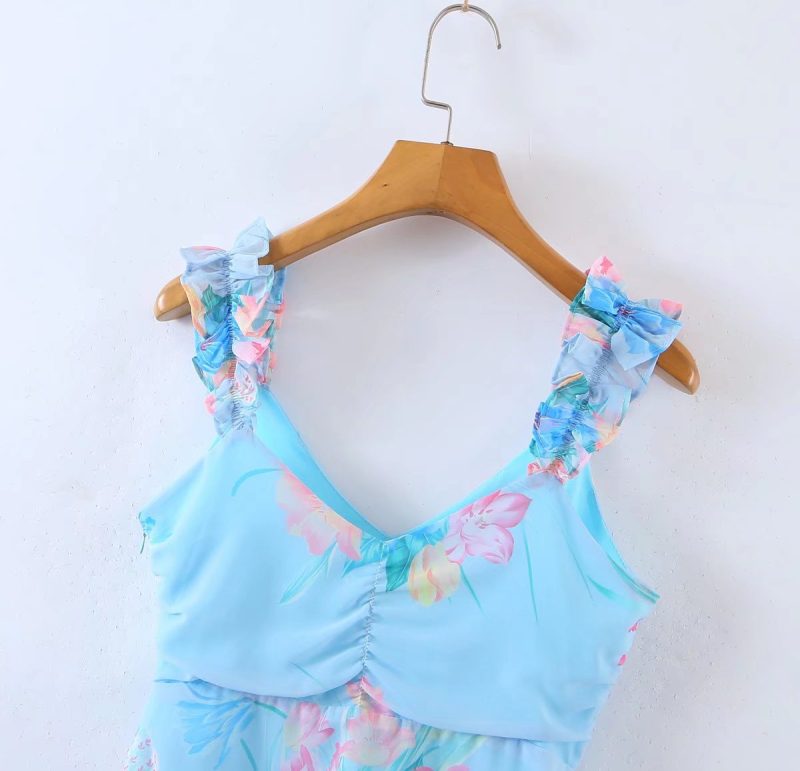 Wooden Ear Floral Print Pleated Ruffled Spaghetti Straps Dress Short  Summer Women Clothing - Image 8
