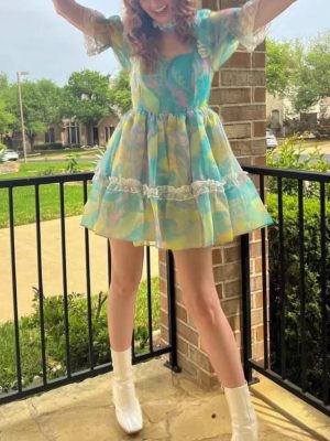 Sweet Fungus Lace Princess Dress Hollow Out Cutout Backless Girl Dress Spring Summer Cashew Print Dress Sheer