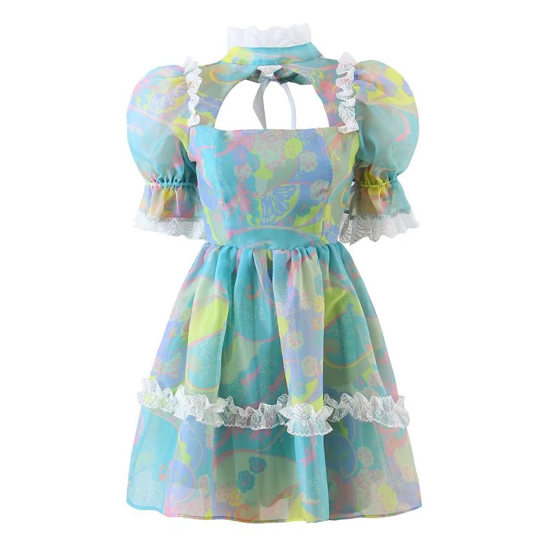 Sweet Fungus Lace Princess Dress Hollow Out Cutout Backless Girl Dress Spring Summer Cashew Print Dress Sheer - Image 2