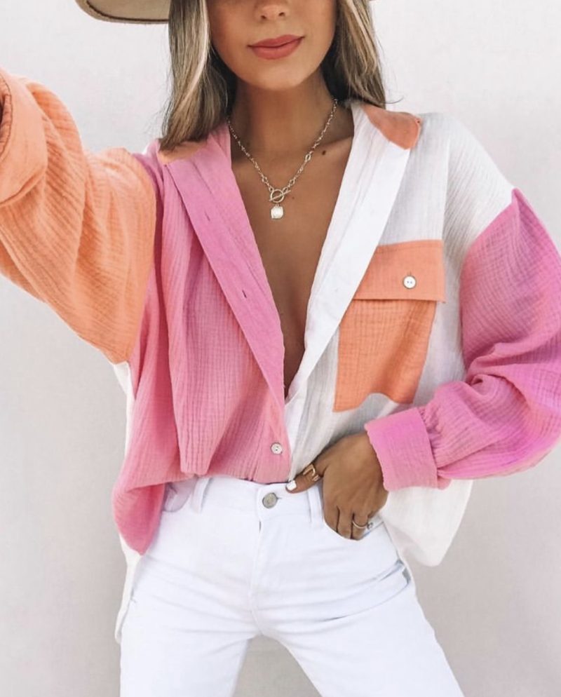 Women Clothing Multi Color Mosaic Long Sleeve Cardigan Women Shirt - Image 2