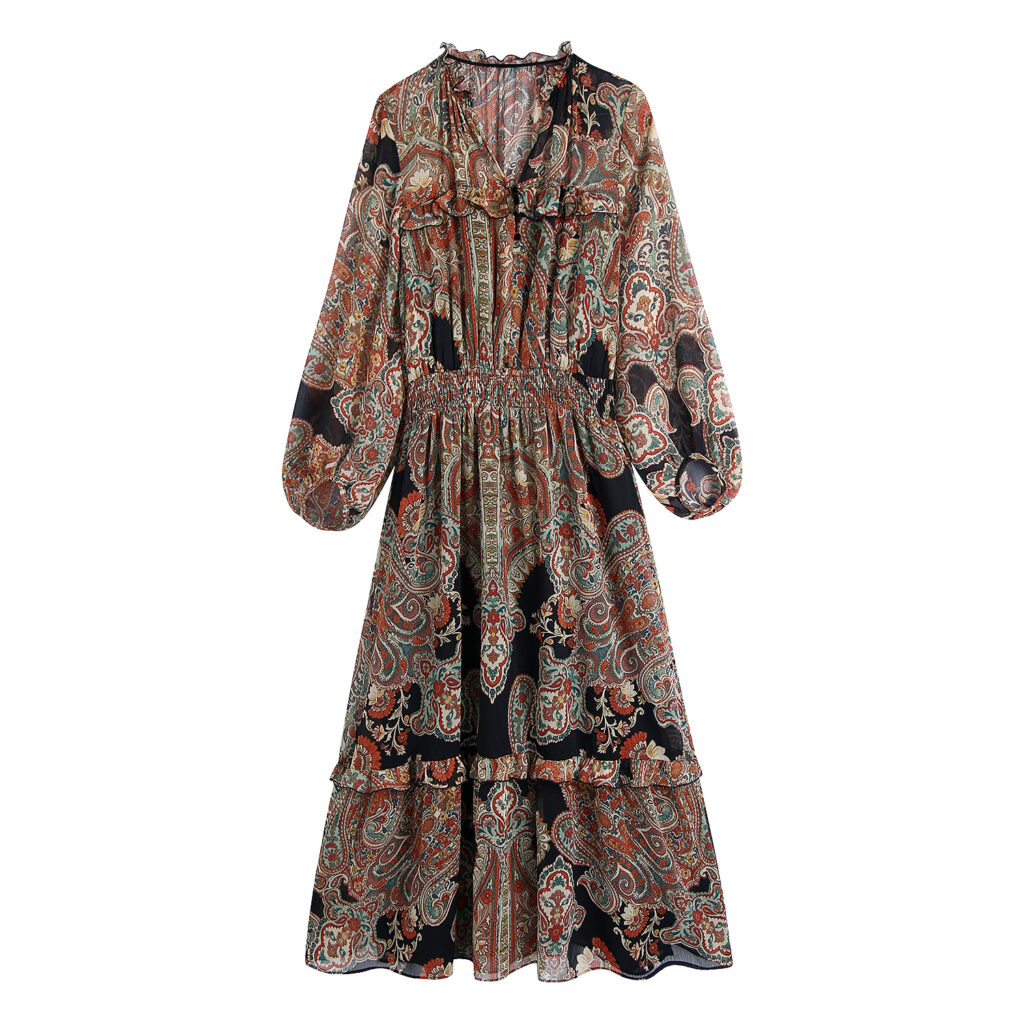 V-neck Waist Laminated Decoration Printing Puff Sleeve Dress