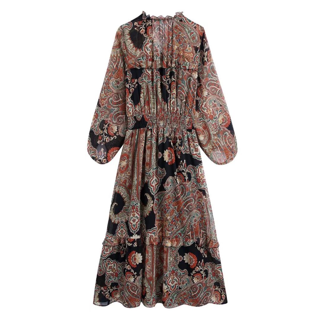 V-neck Waist Laminated Decoration Printing Puff Sleeve Dress - Image 2