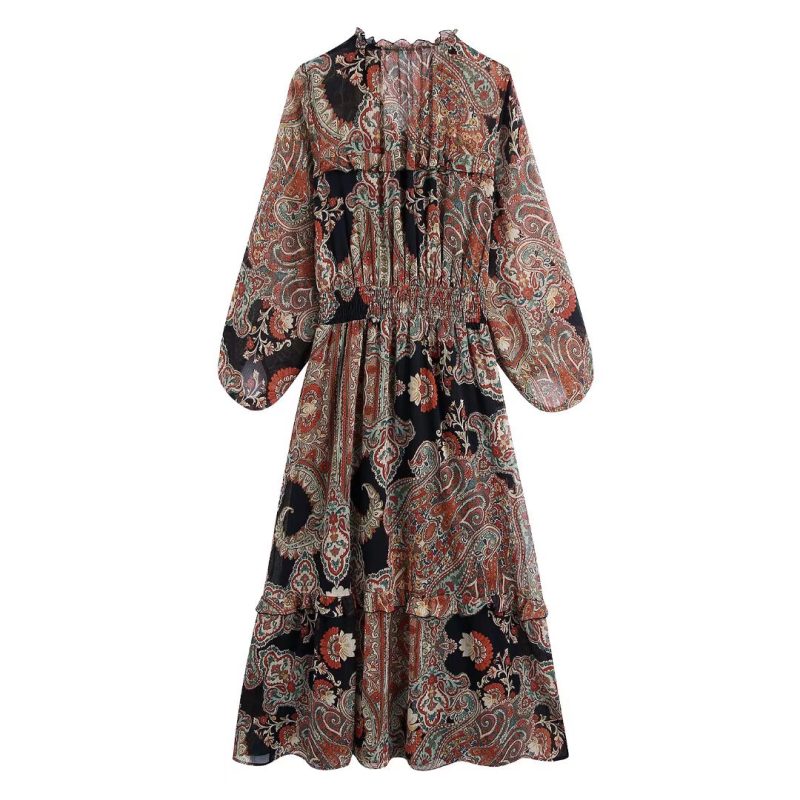 V-neck Waist Laminated Decoration Printing Puff Sleeve Dress - Image 2