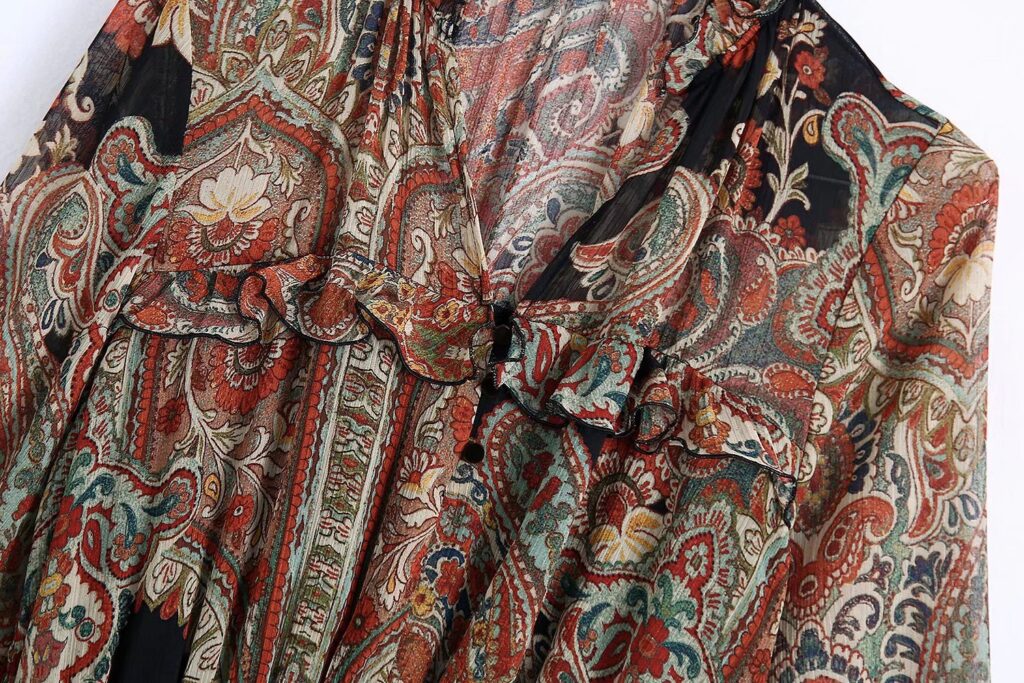 V-neck Waist Laminated Decoration Printing Puff Sleeve Dress - Image 3