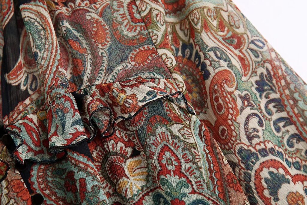 V-neck Waist Laminated Decoration Printing Puff Sleeve Dress - Image 4