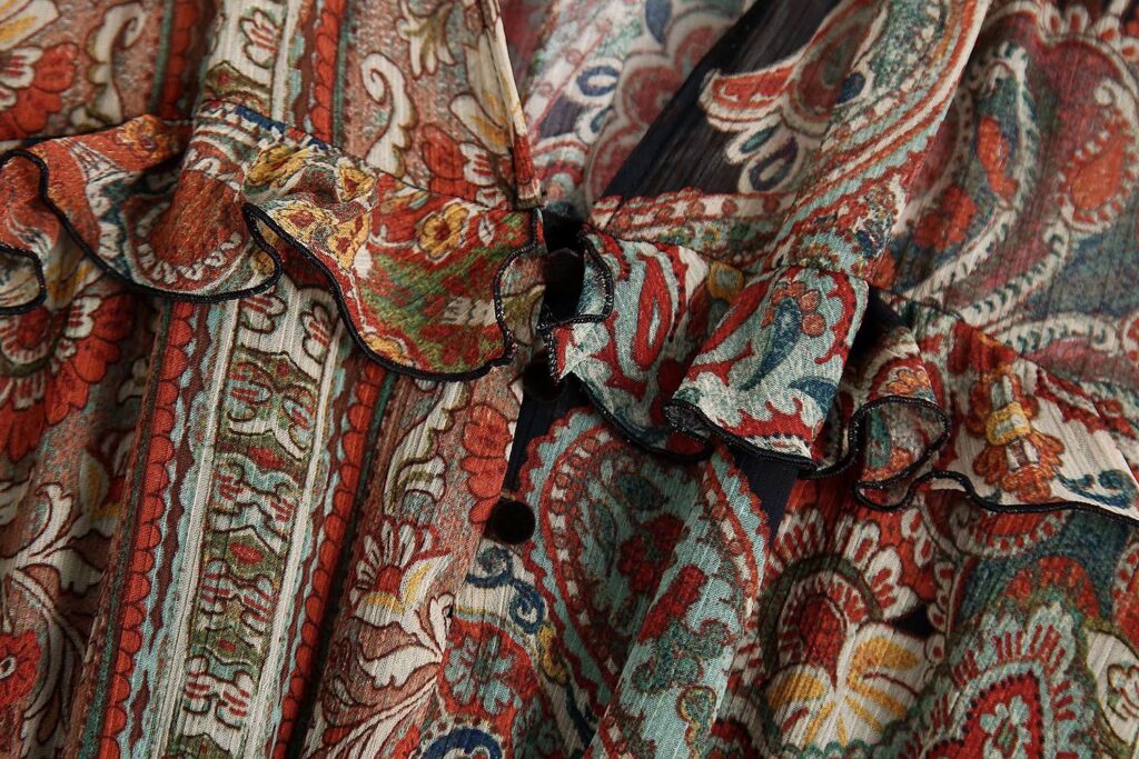 V-neck Waist Laminated Decoration Printing Puff Sleeve Dress - Image 5