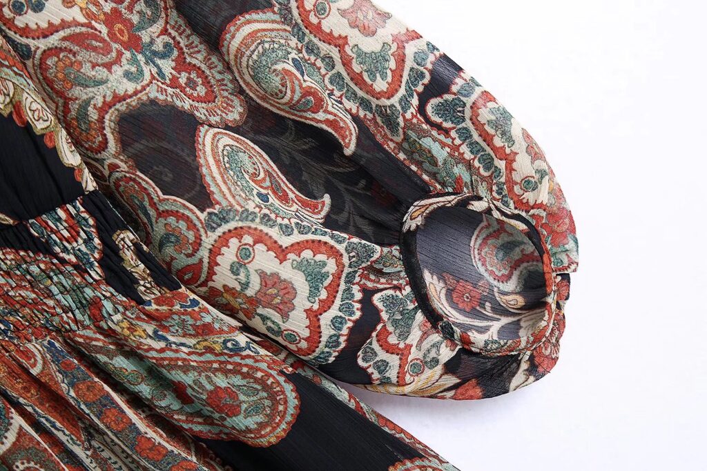 V-neck Waist Laminated Decoration Printing Puff Sleeve Dress - Image 6