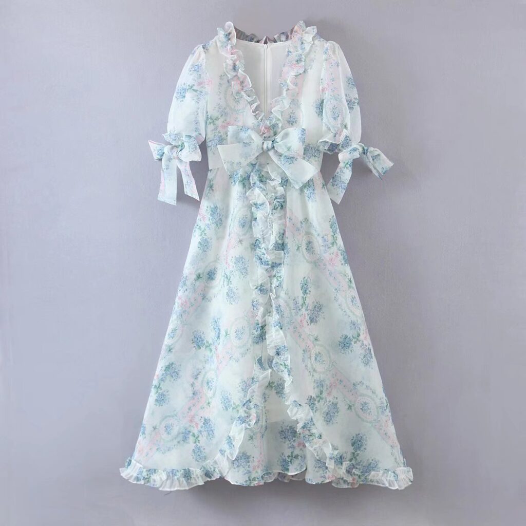 Floral Print Dress Bubble Sleeve Retro Princess Dress Spring Summer Wooden Ear Large Swing Women Dress Sheer - Image 2