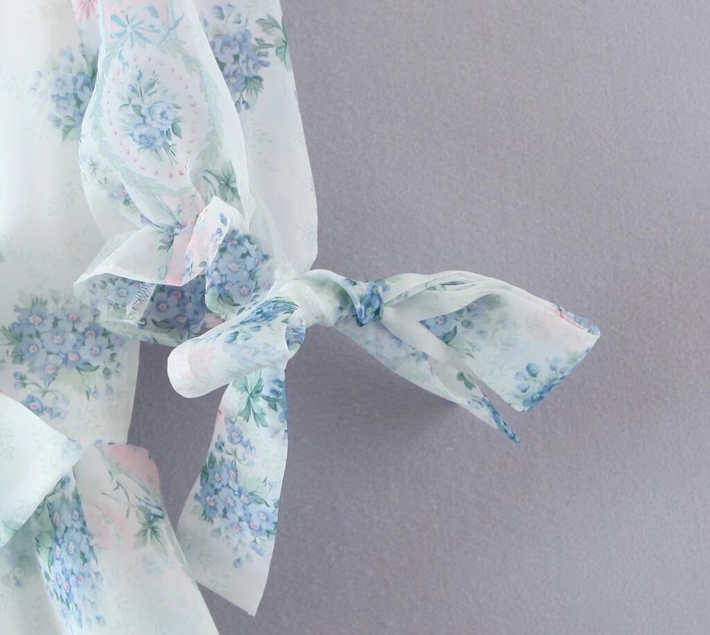 Floral Print Dress Bubble Sleeve Retro Princess Dress Spring Summer Wooden Ear Large Swing Women Dress Sheer - Image 4