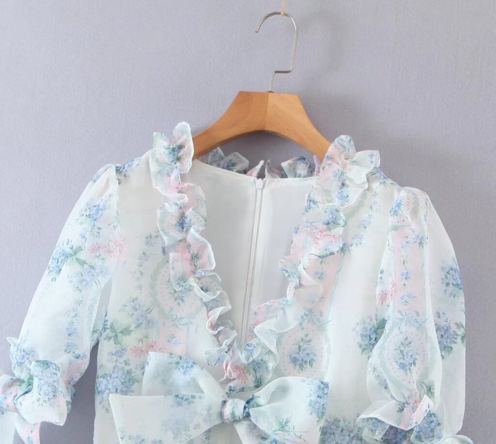 Floral Print Dress Bubble Sleeve Retro Princess Dress Spring Summer Wooden Ear Large Swing Women Dress Sheer - Image 6
