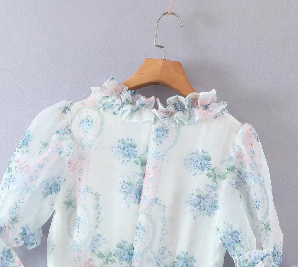 Floral Print Dress Bubble Sleeve Retro Princess Dress Spring Summer Wooden Ear Large Swing Women Dress Sheer - Image 7