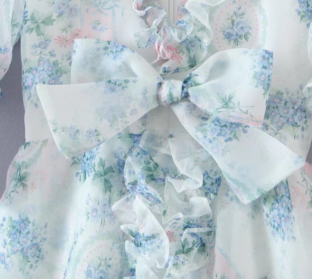 Floral Print Dress Bubble Sleeve Retro Princess Dress Spring Summer Wooden Ear Large Swing Women Dress Sheer - Image 8