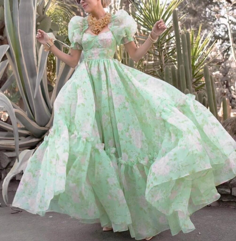 Organza Floral Print Dress Puff Sleeve Tight Waist Princess Dress Spring Summer Fresh Girl Maxi Dress Sheer