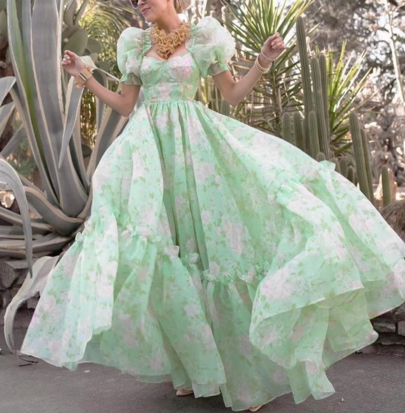 Organza Floral Print Dress Puff Sleeve Tight Waist Princess Dress Spring Summer Fresh Girl Maxi Dress Sheer
