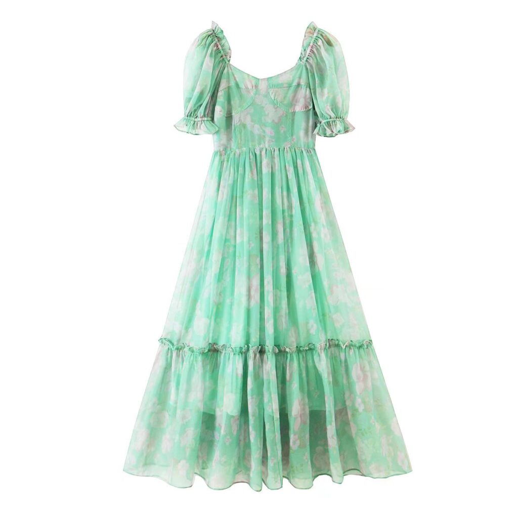 Organza Floral Print Dress Puff Sleeve Tight Waist Princess Dress Spring Summer Fresh Girl Maxi Dress Sheer - Image 2