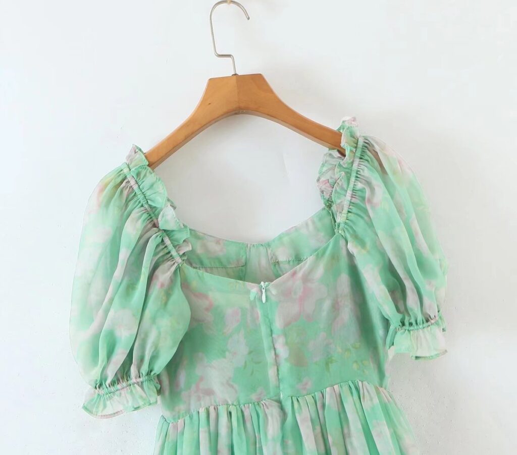 Organza Floral Print Dress Puff Sleeve Tight Waist Princess Dress Spring Summer Fresh Girl Maxi Dress Sheer - Image 4