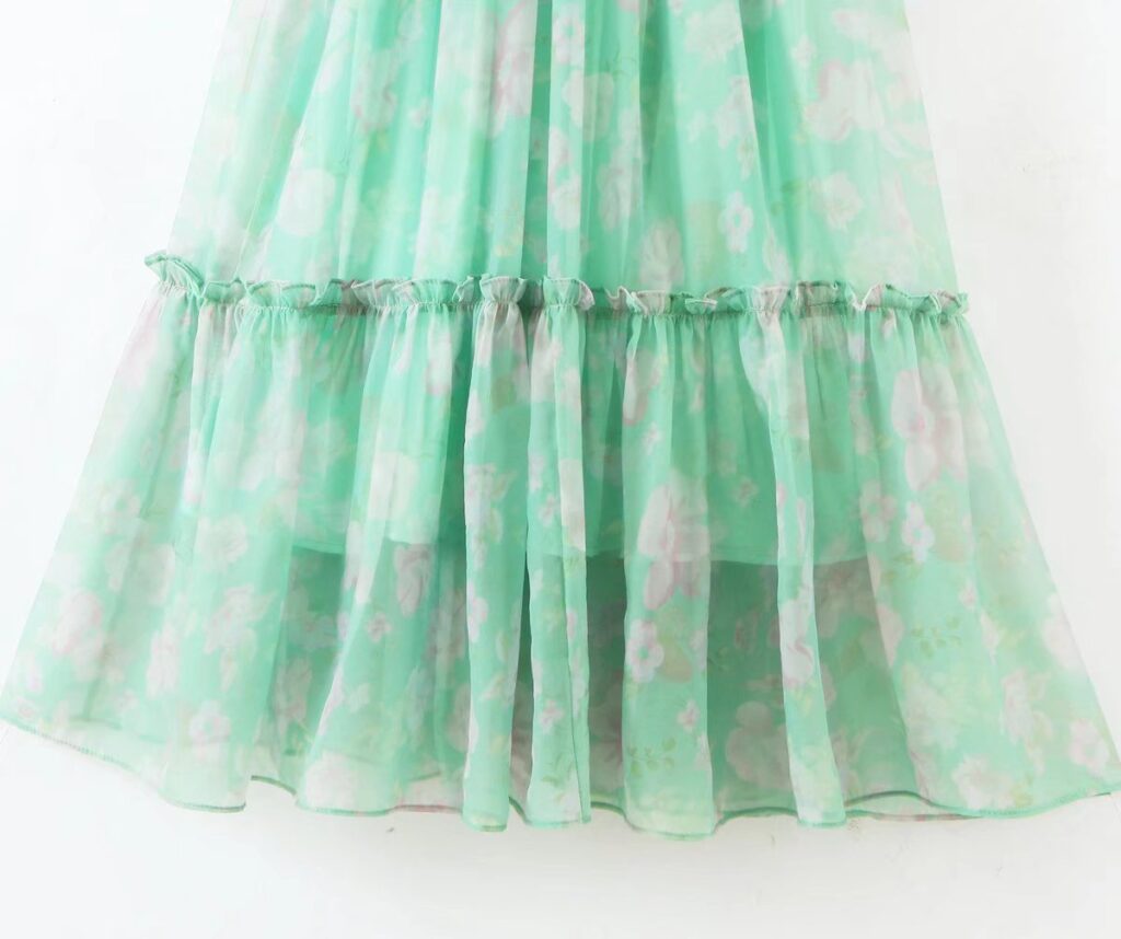 Organza Floral Print Dress Puff Sleeve Tight Waist Princess Dress Spring Summer Fresh Girl Maxi Dress Sheer - Image 6