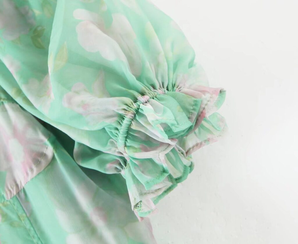 Organza Floral Print Dress Puff Sleeve Tight Waist Princess Dress Spring Summer Fresh Girl Maxi Dress Sheer - Image 5