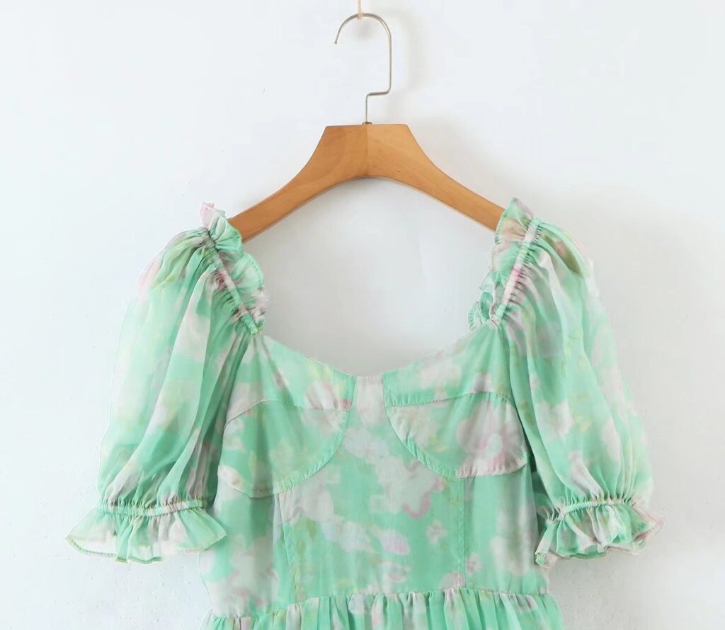 Organza Floral Print Dress Puff Sleeve Tight Waist Princess Dress Spring Summer Fresh Girl Maxi Dress Sheer - Image 8