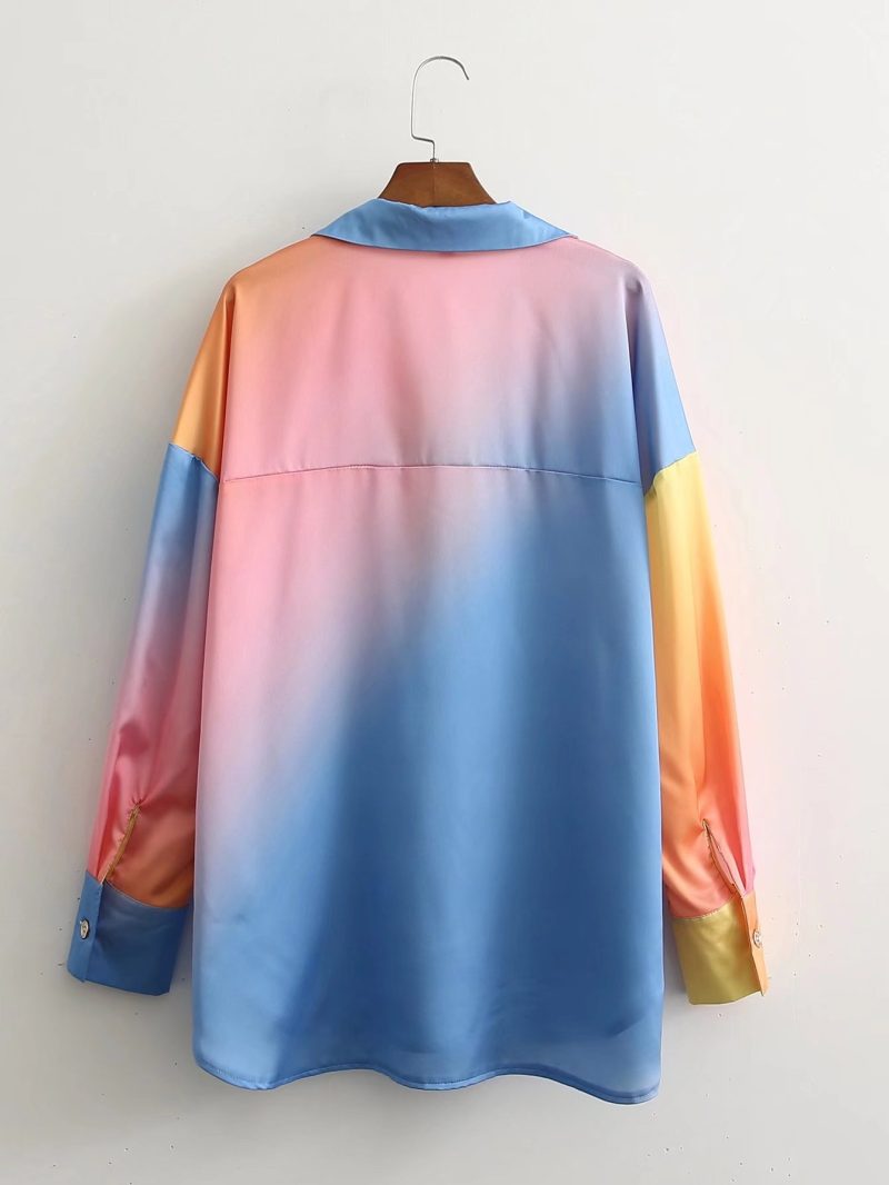Women Clothing Spring New Women Clothing Gradient Random Floral Loose Tie-Dye Shirt - Image 2