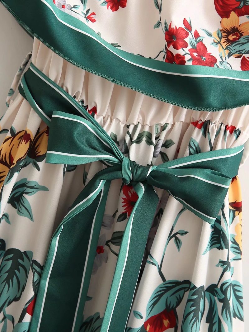 Summer New Positioning Floral Dress High Waist Lace-up off-Shoulder Dress Fashion - Image 4