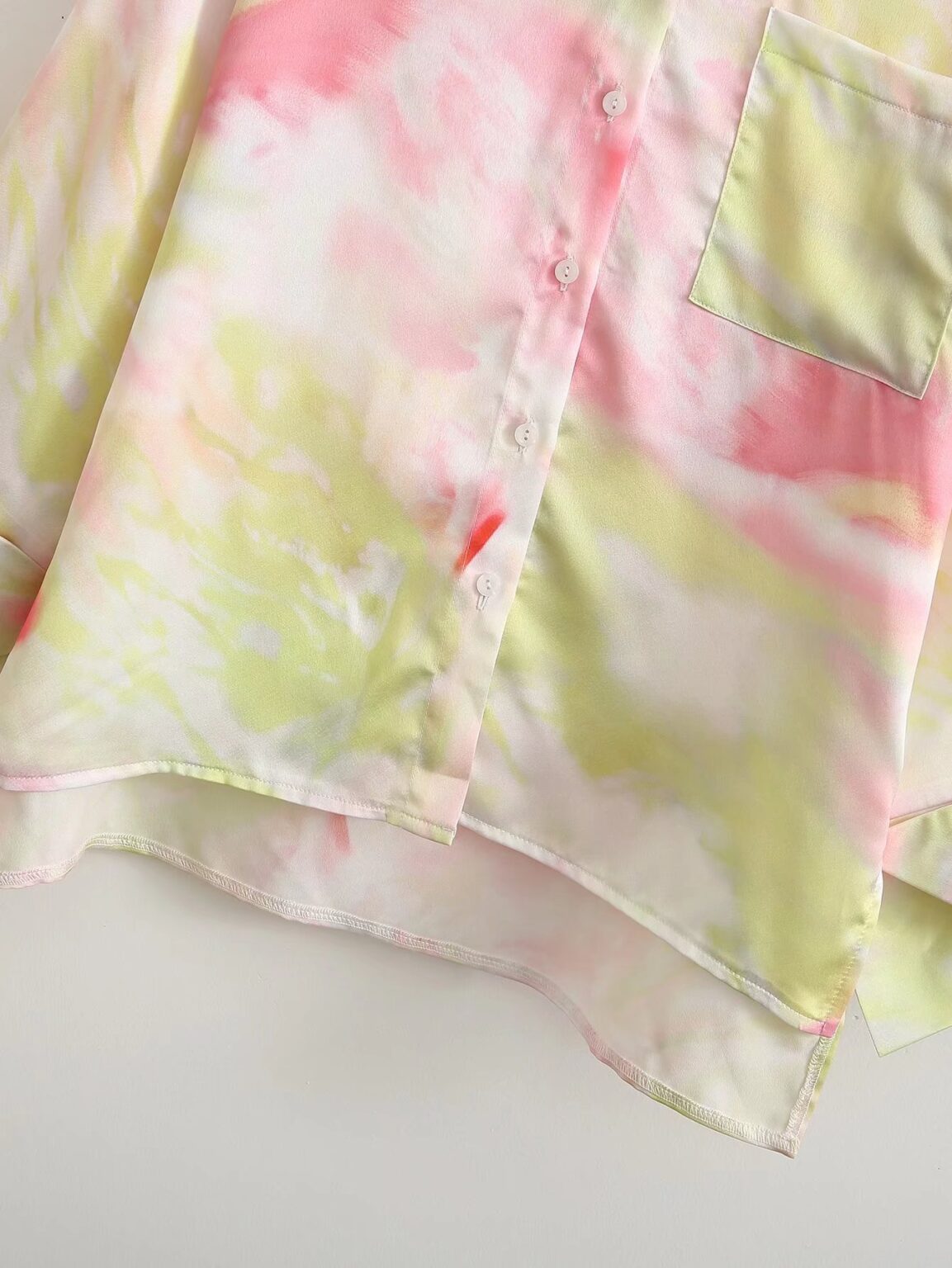 Summer New Women Shirt Front Short Back Long Collared Long Sleeve Satin Tie-Dyed Shirt - Image 4