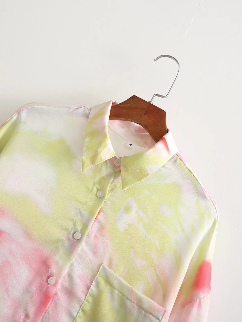 Summer New Women Shirt Front Short Back Long Collared Long Sleeve Satin Tie-Dyed Shirt - Image 7