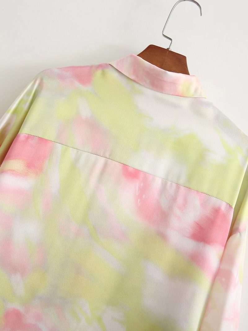 Summer New Women Shirt Front Short Back Long Collared Long Sleeve Satin Tie-Dyed Shirt - Image 6