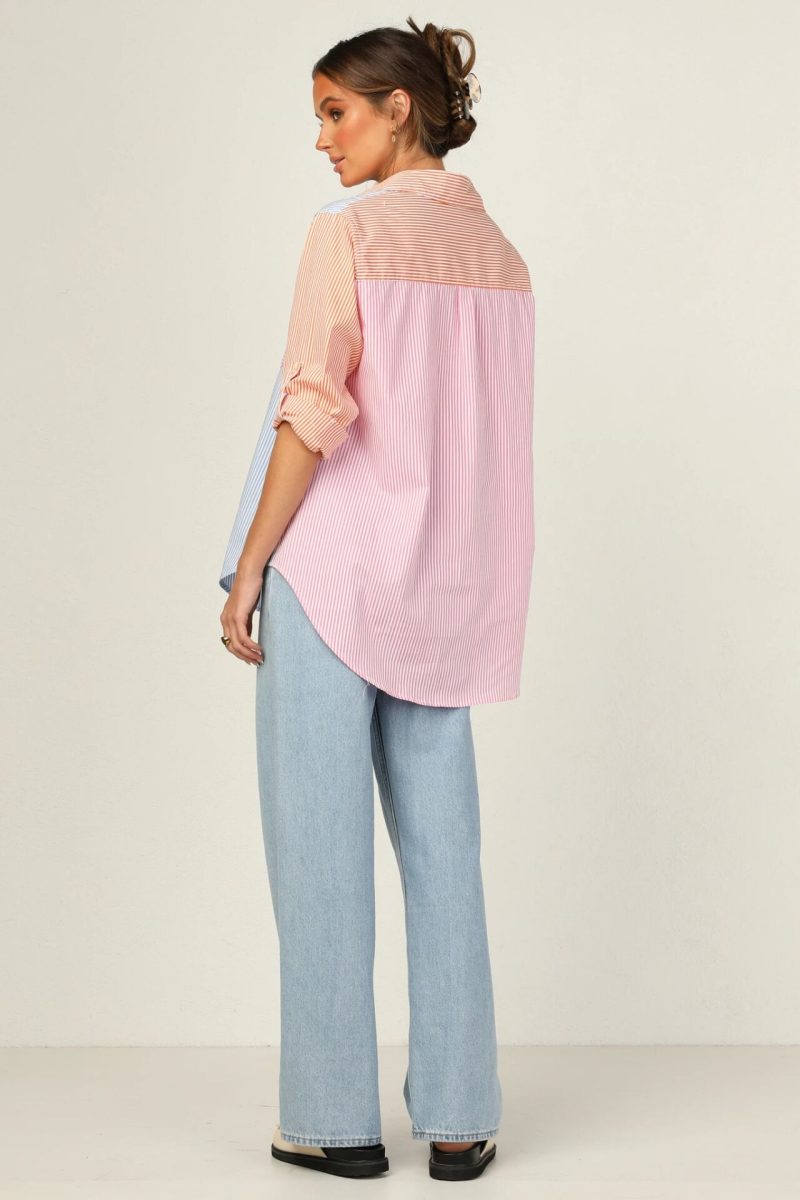 Women Clothing New Fashion All-Match Contrast Color Roll Sleeve Striped Straight Casual Shirt - Image 2