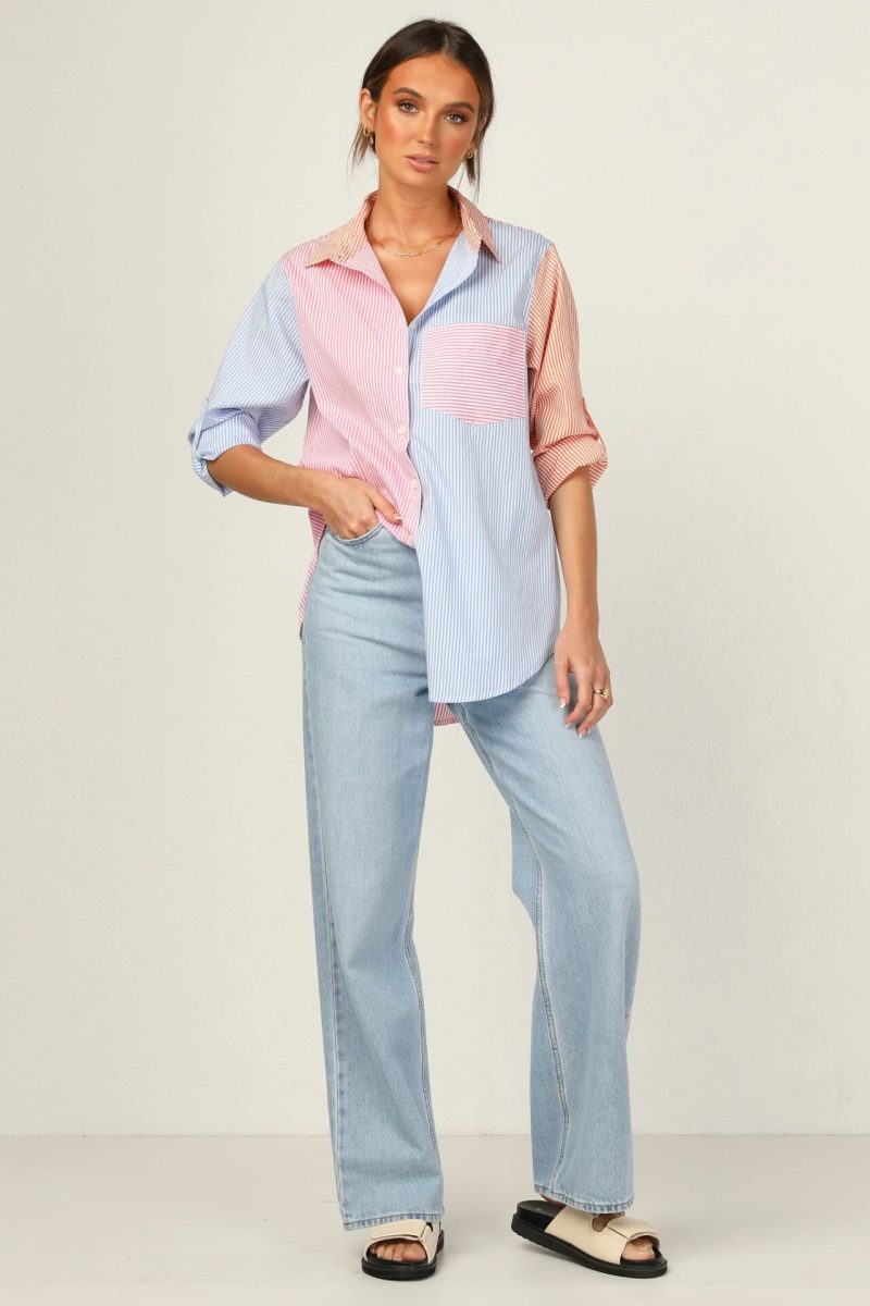 Women Clothing New Fashion All-Match Contrast Color Roll Sleeve Striped Straight Casual Shirt - Image 3