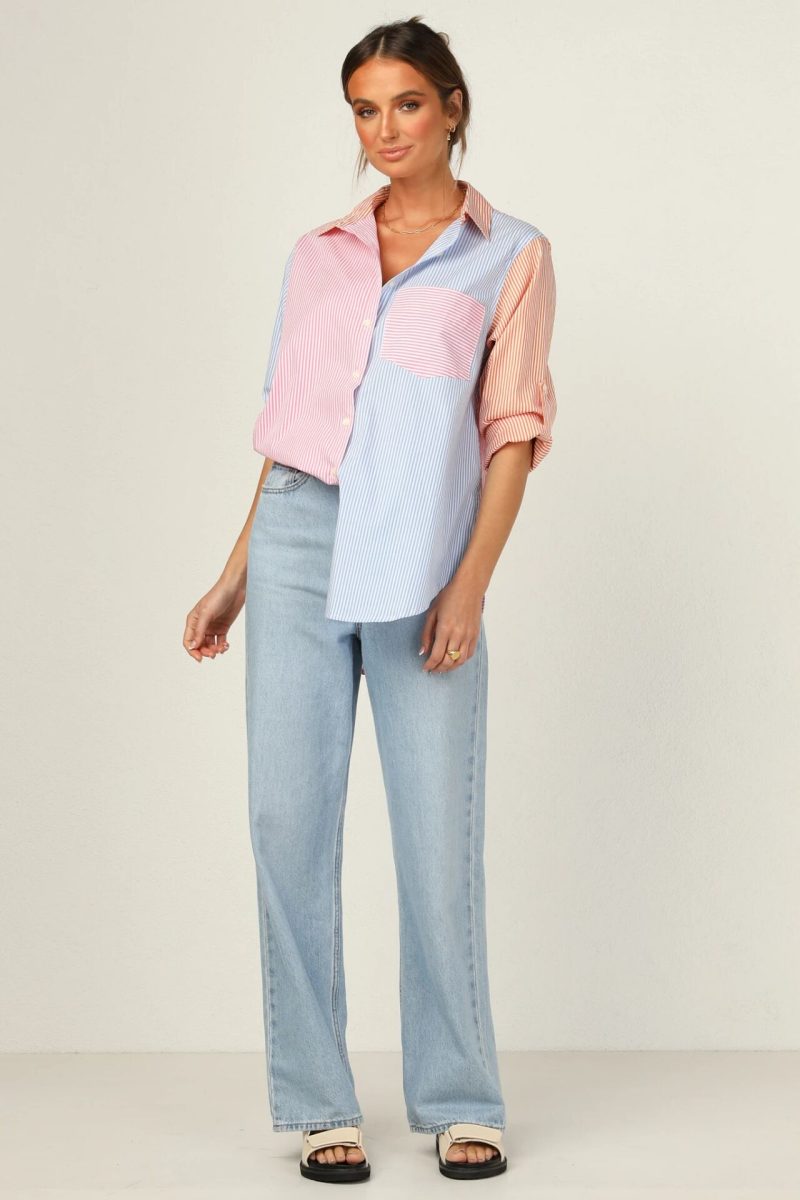 Women Clothing New Fashion All-Match Contrast Color Roll Sleeve Striped Straight Casual Shirt - Image 4