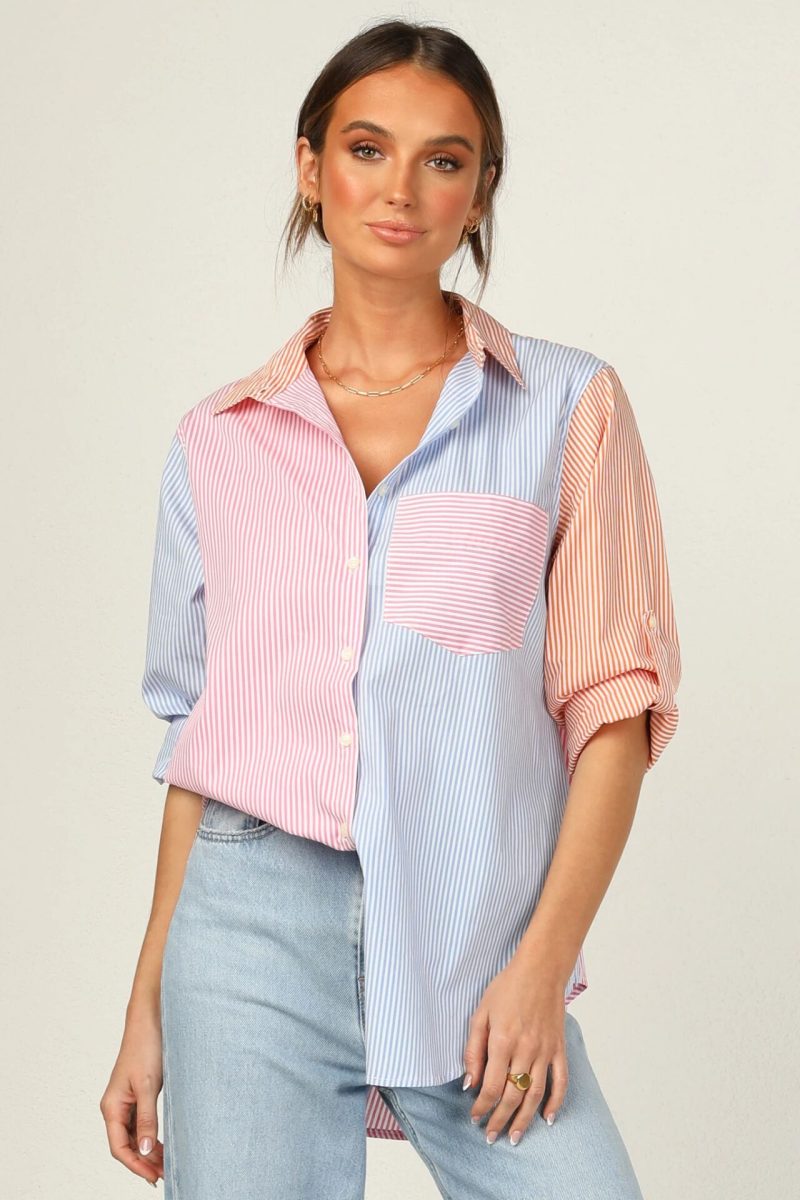 Women Clothing New Fashion All-Match Contrast Color Roll Sleeve Striped Straight Casual Shirt - Image 5