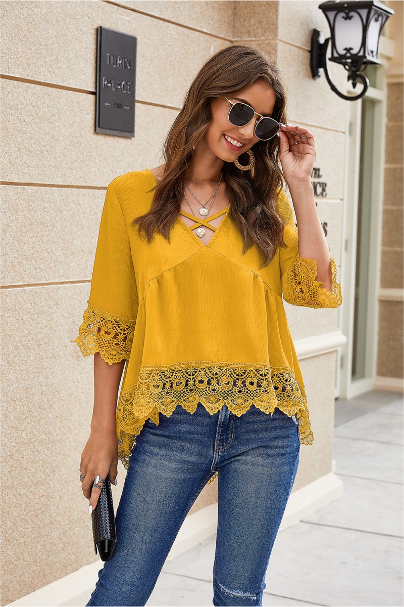 Summer Chiffon Shirt Half Sleeve Lace Cut-out Ruffles Loose Chiffon Blouses for Women - Image 2