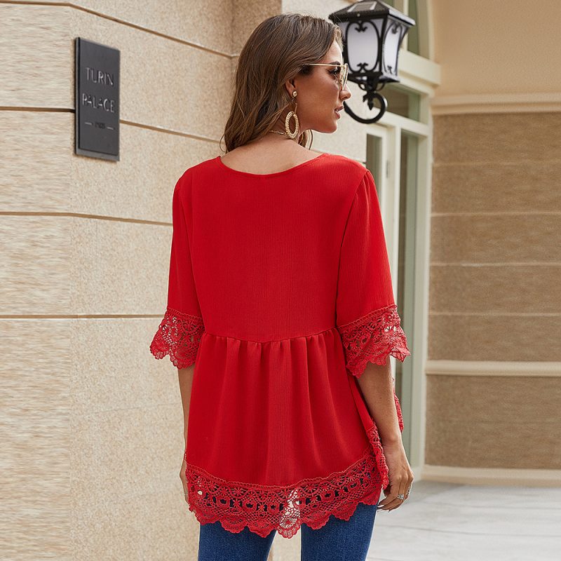 Summer Chiffon Shirt Half Sleeve Lace Cut-out Ruffles Loose Chiffon Blouses for Women - Image 3