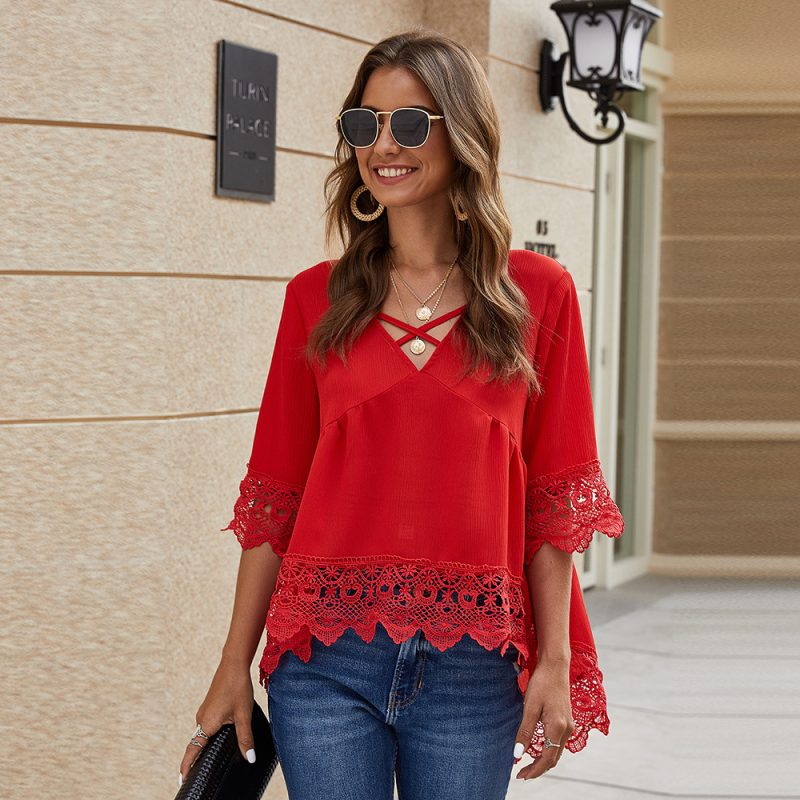Summer Chiffon Shirt Half Sleeve Lace Cut-out Ruffles Loose Chiffon Blouses for Women - Image 4