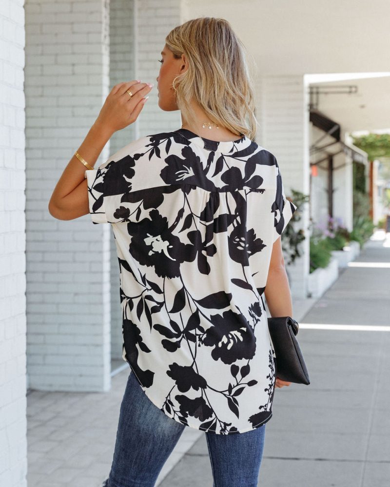 Summer  Women Loose Printed Short Sleeve V-neck Buttons Chiffon Shirt - Image 2