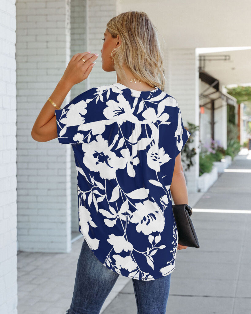 Summer  Women Loose Printed Short Sleeve V-neck Buttons Chiffon Shirt - Image 4