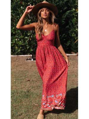 Summer Large Swing  Women Clothing Bohemian V-neck Strap Floral Dress