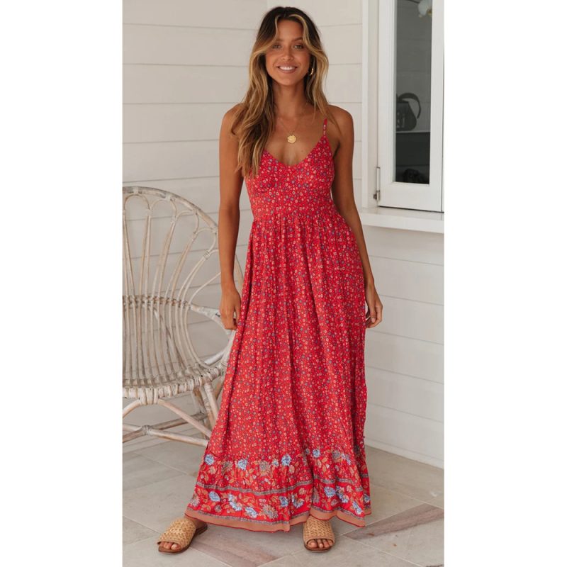 Summer Large Swing  Women Clothing Bohemian V-neck Strap Floral Dress - Image 2
